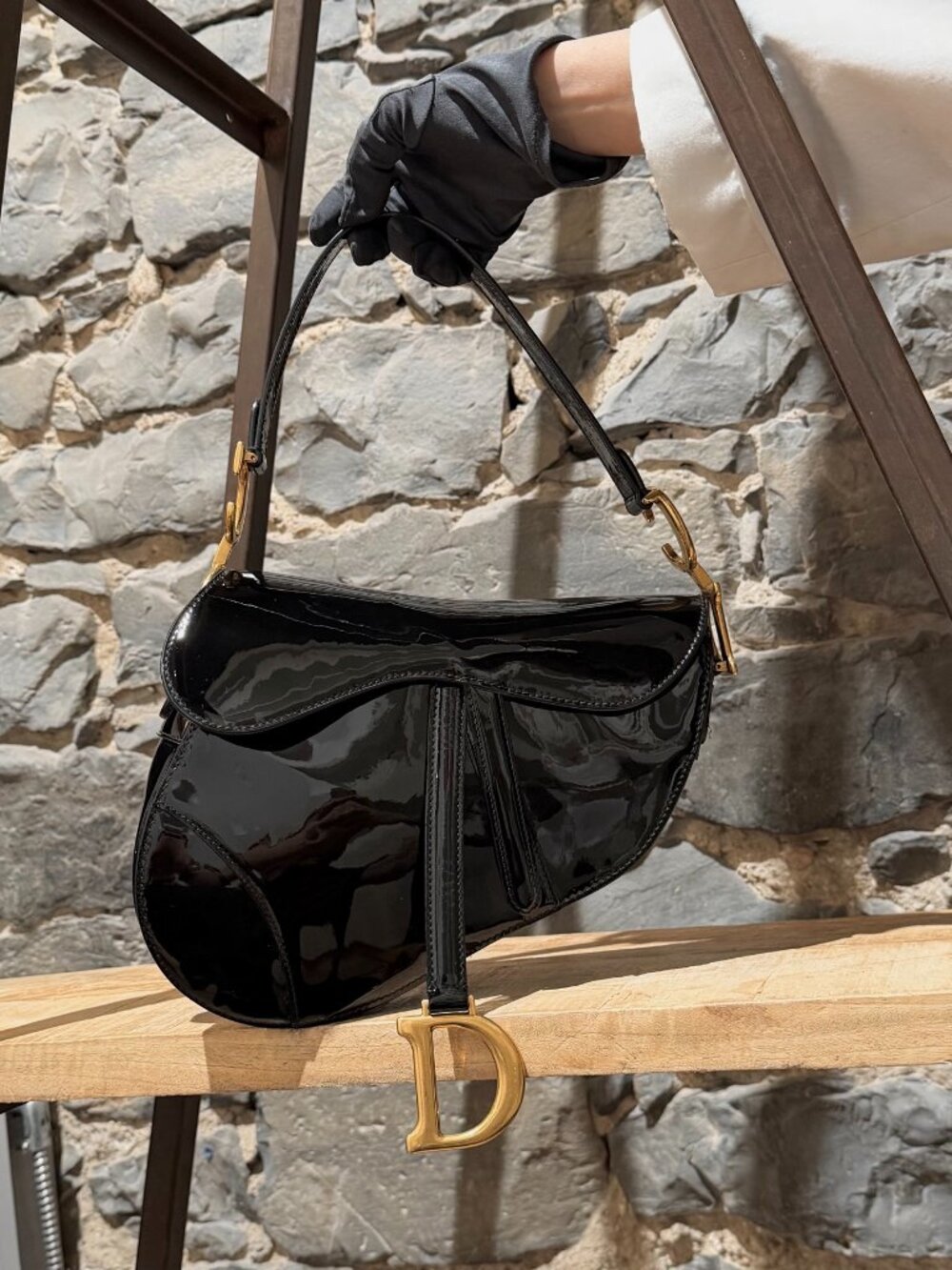 Dior 2019 Black Patent Medium Shoulder Saddle Bag